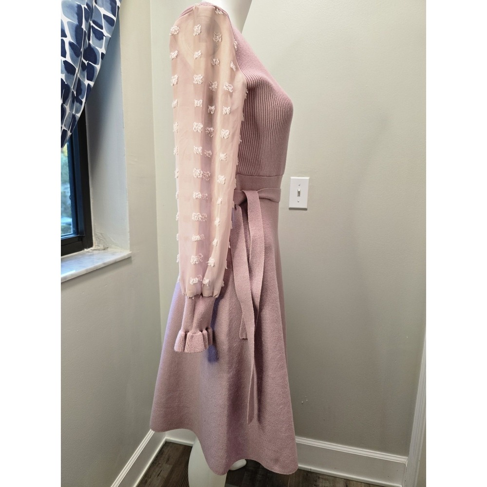 Chicwish Wrap Knit Dress Blush Pink Long Sleeve Dot Mesh Sleeve Fit & Flare M - Picture 7 of 11